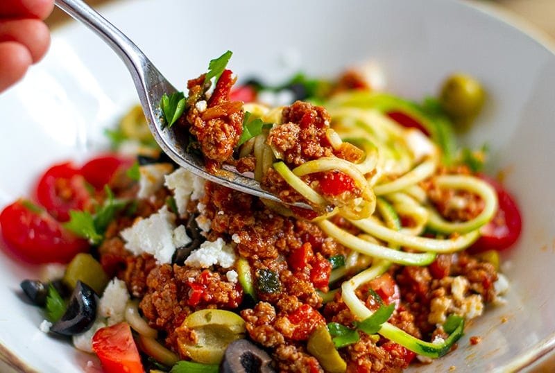 Healthy bolognese with ground turkey, feta and olives