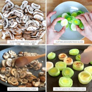 Cooking mushrooms and leeks for the tart filling