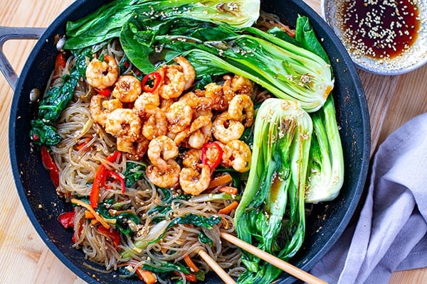 Sweet Potato Glass Noodle Stir-Fry With Shrimp & Bok Choy