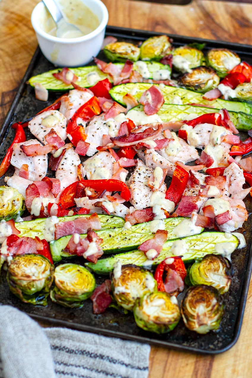 Sheet Pan Dinner With Caesar Chicken, Bacon & Vegetables