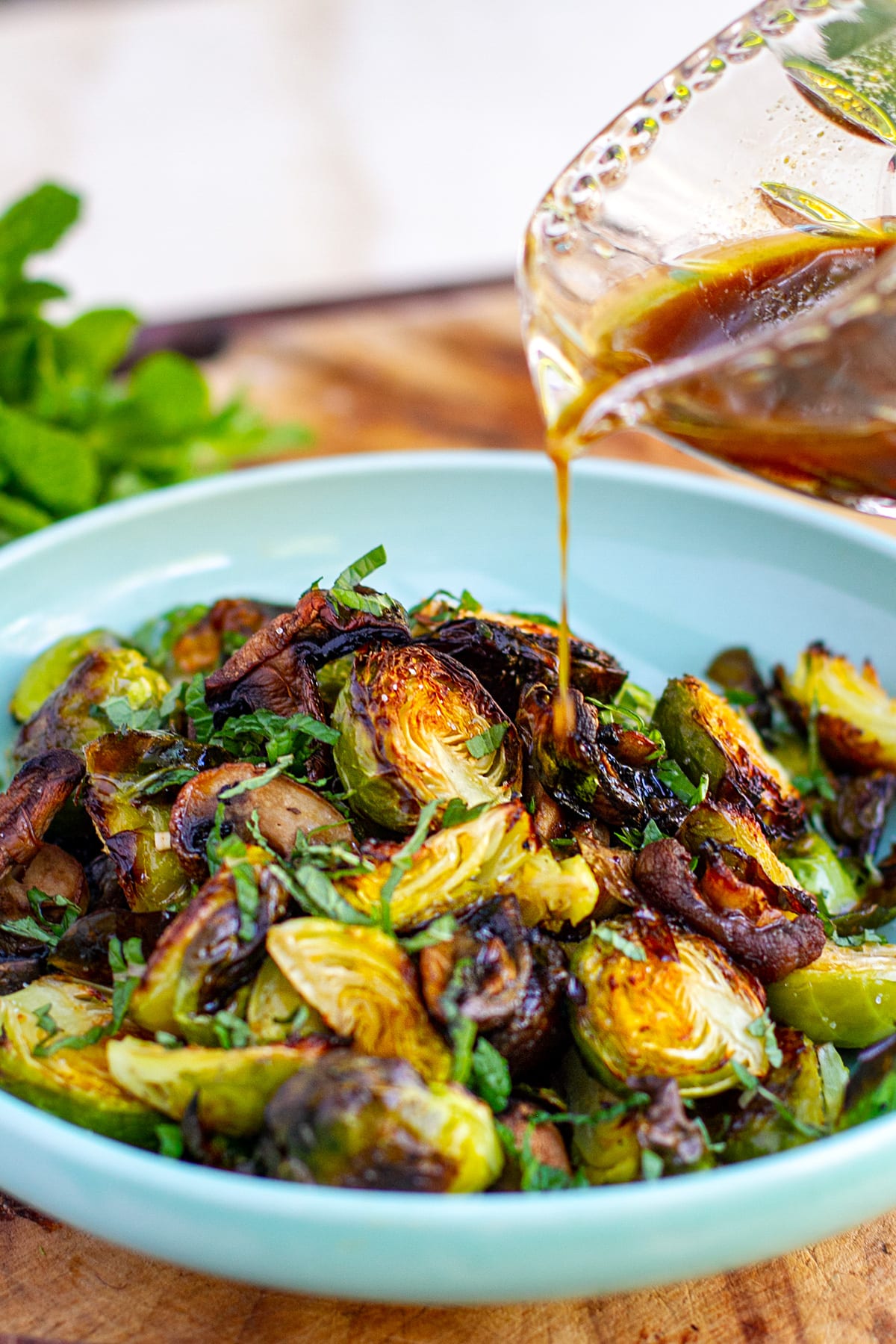 Honey balsamic Brussels sprouts roasted and served warm