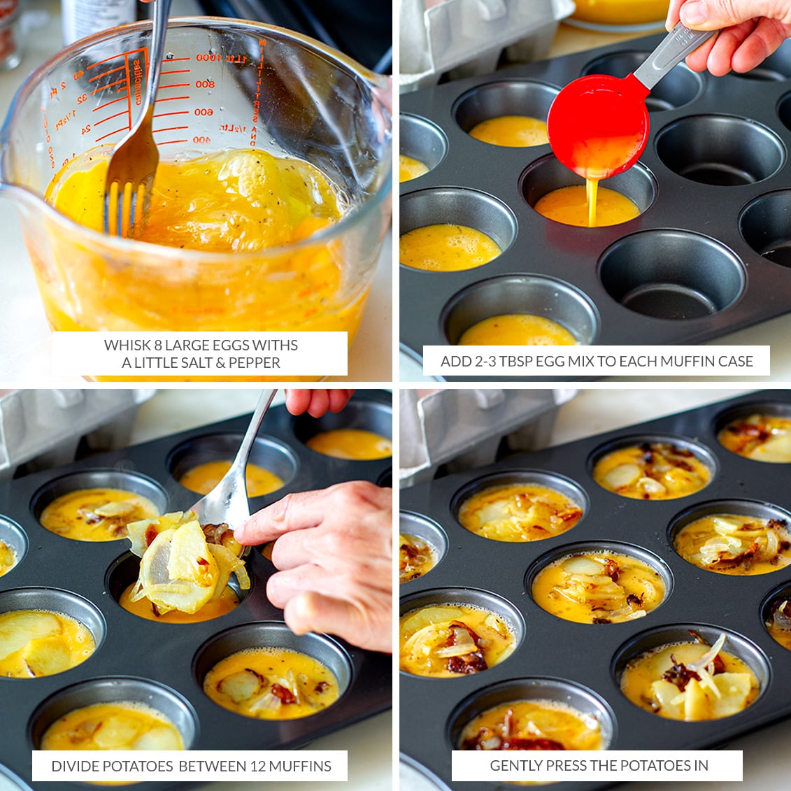 Making the egg mixture and assembling egg muffins in a baking pan