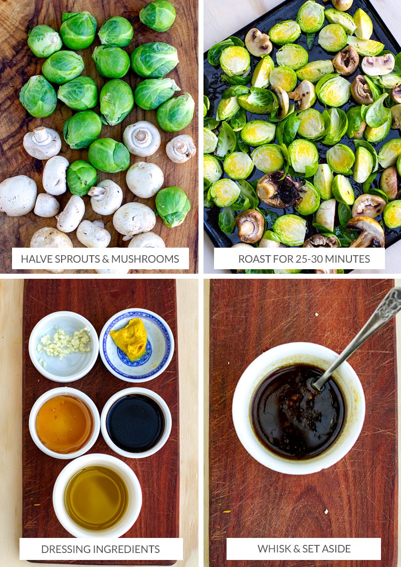 Collage image of Brussels sprouts cut on a board, Brussels sprouts and mushrooms on a baking tray, ingredients for the sauce mixed up.