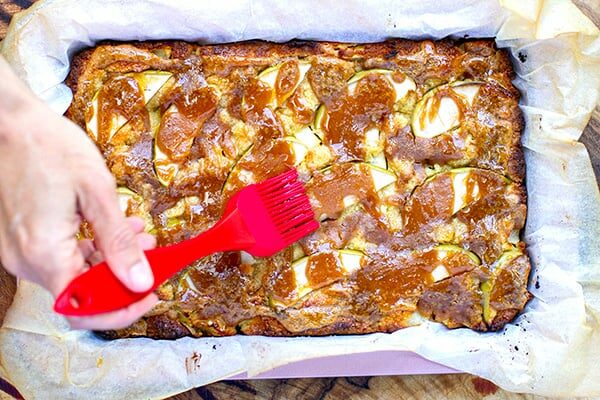Baked apple slice with peanut butter maple drizzle