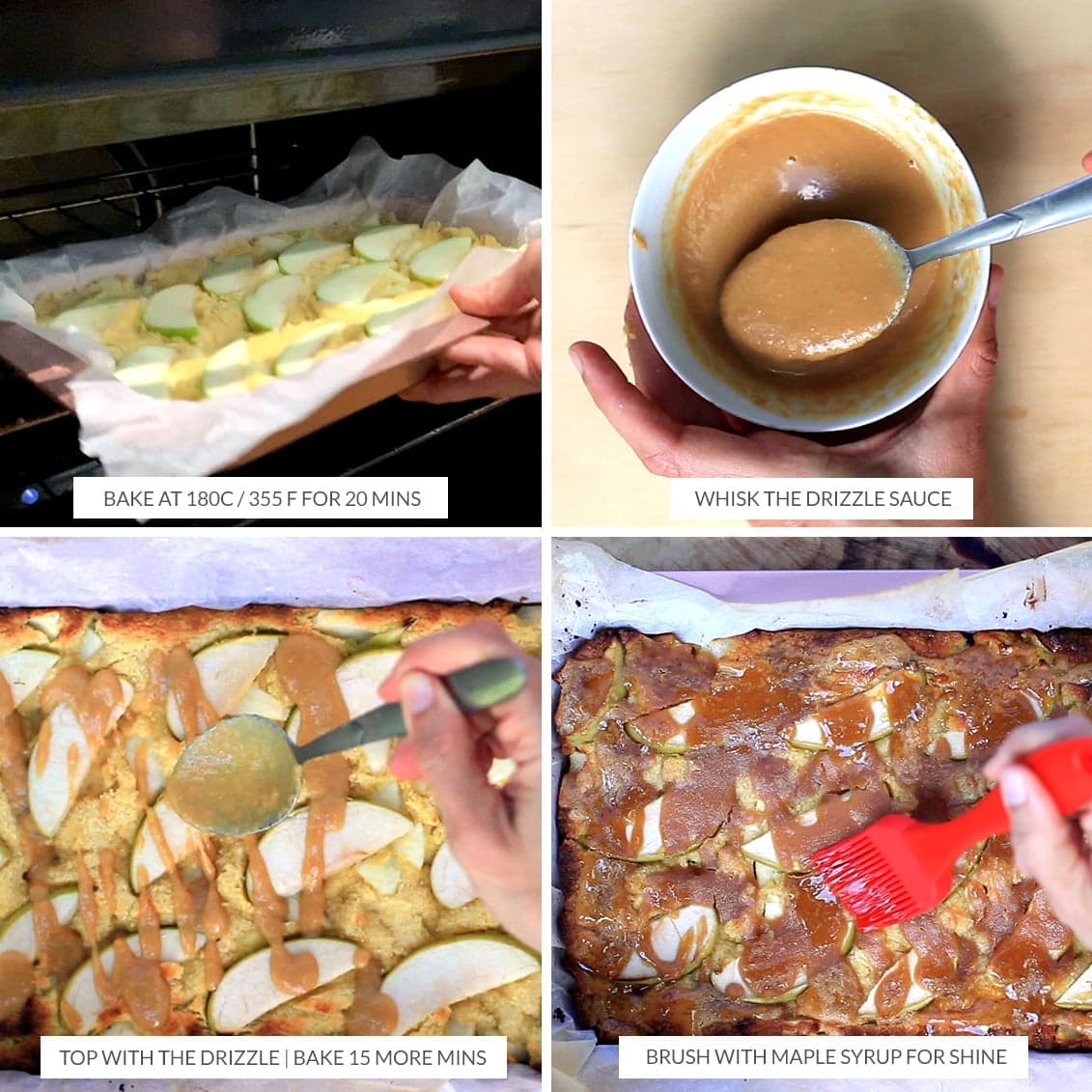 Baking apple pie slice and making the maple peanut butter drizzle to go on top