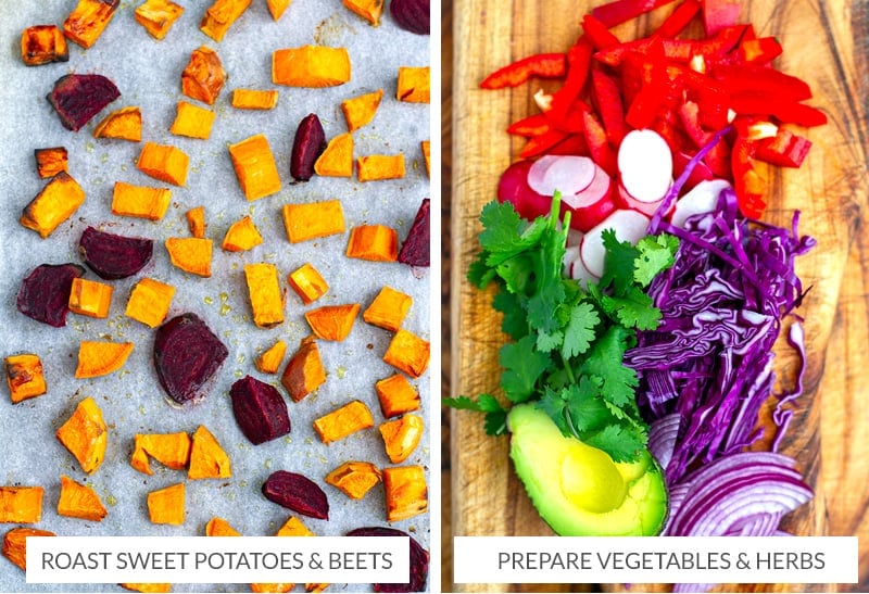 Roasted beets and sweet potatoes and cut up vegetables for the salad