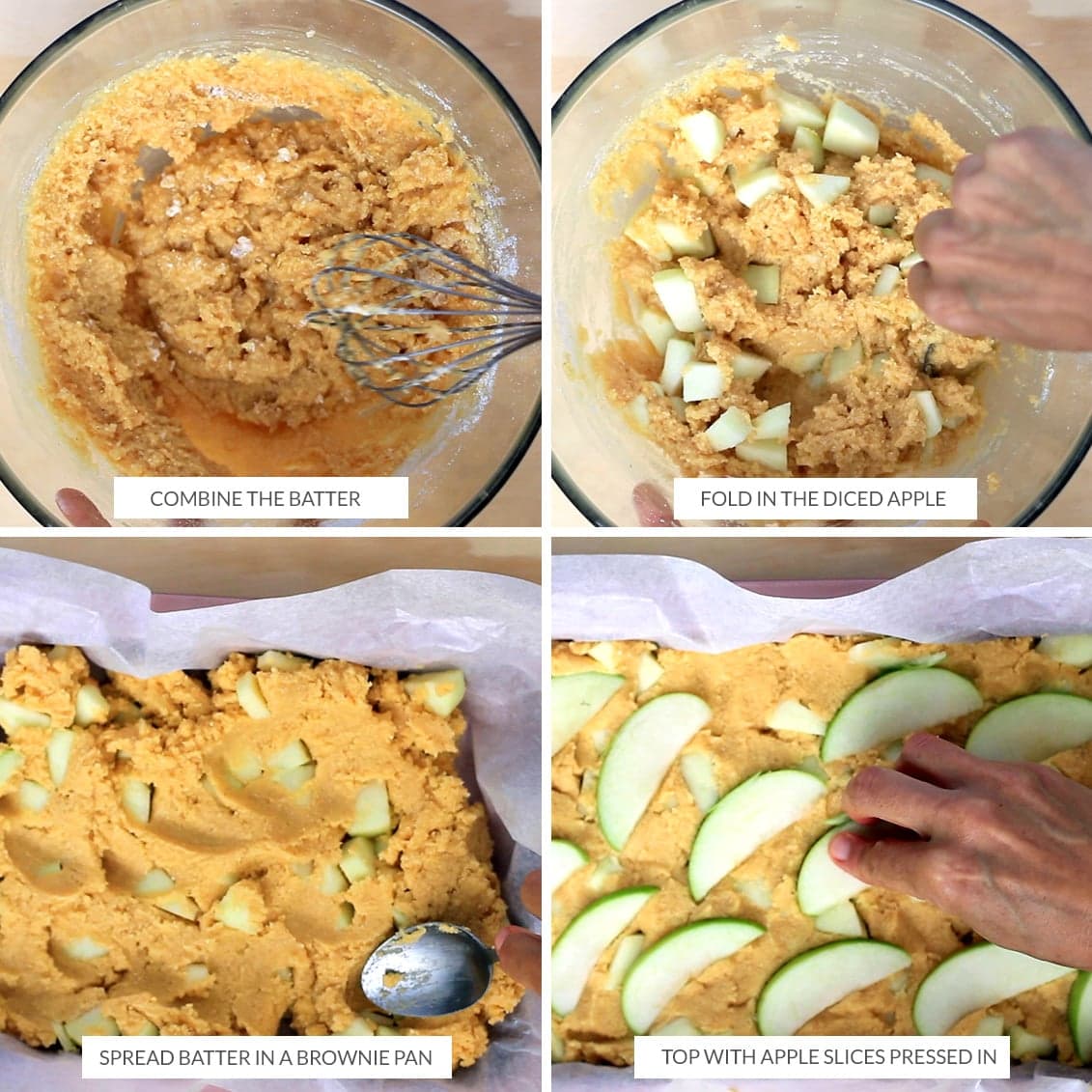 Mixing the batter for apple slice and spreading it in a brownie pan