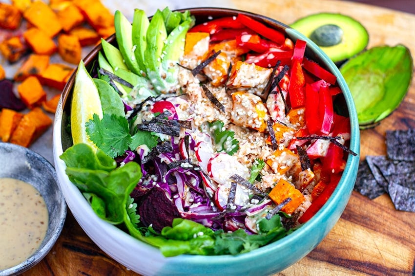 Rainbow Salad Power Bowl With Salmon & Sesame Dressing