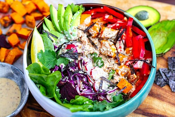 Rainbow Salad Super Bowl With Salmon & Sesame Dressing
