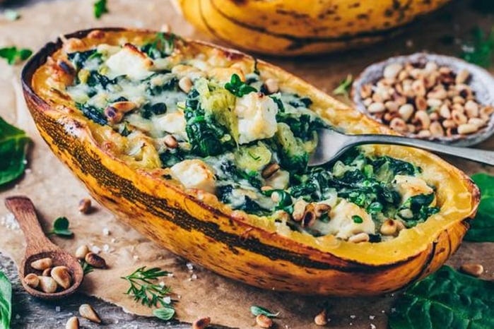 Spinach stuffed spaghetti squash vegan recipe