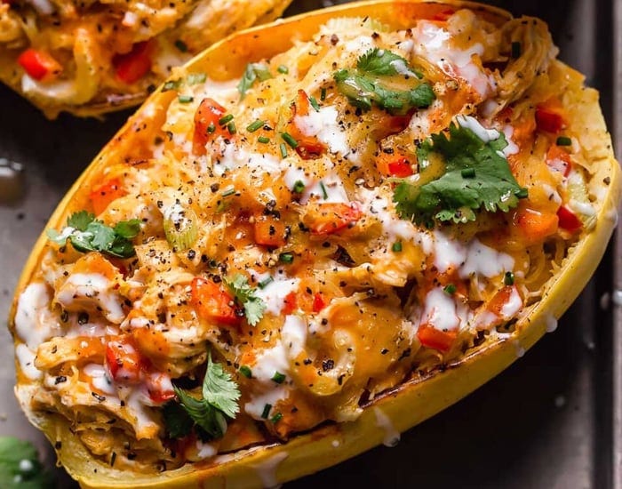 Stuffed spaghetti squash with buffalo chicken