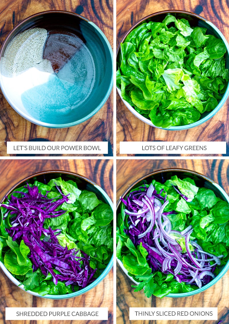How to build a power bowl salad - leafy greens, purple cabbage, red onions