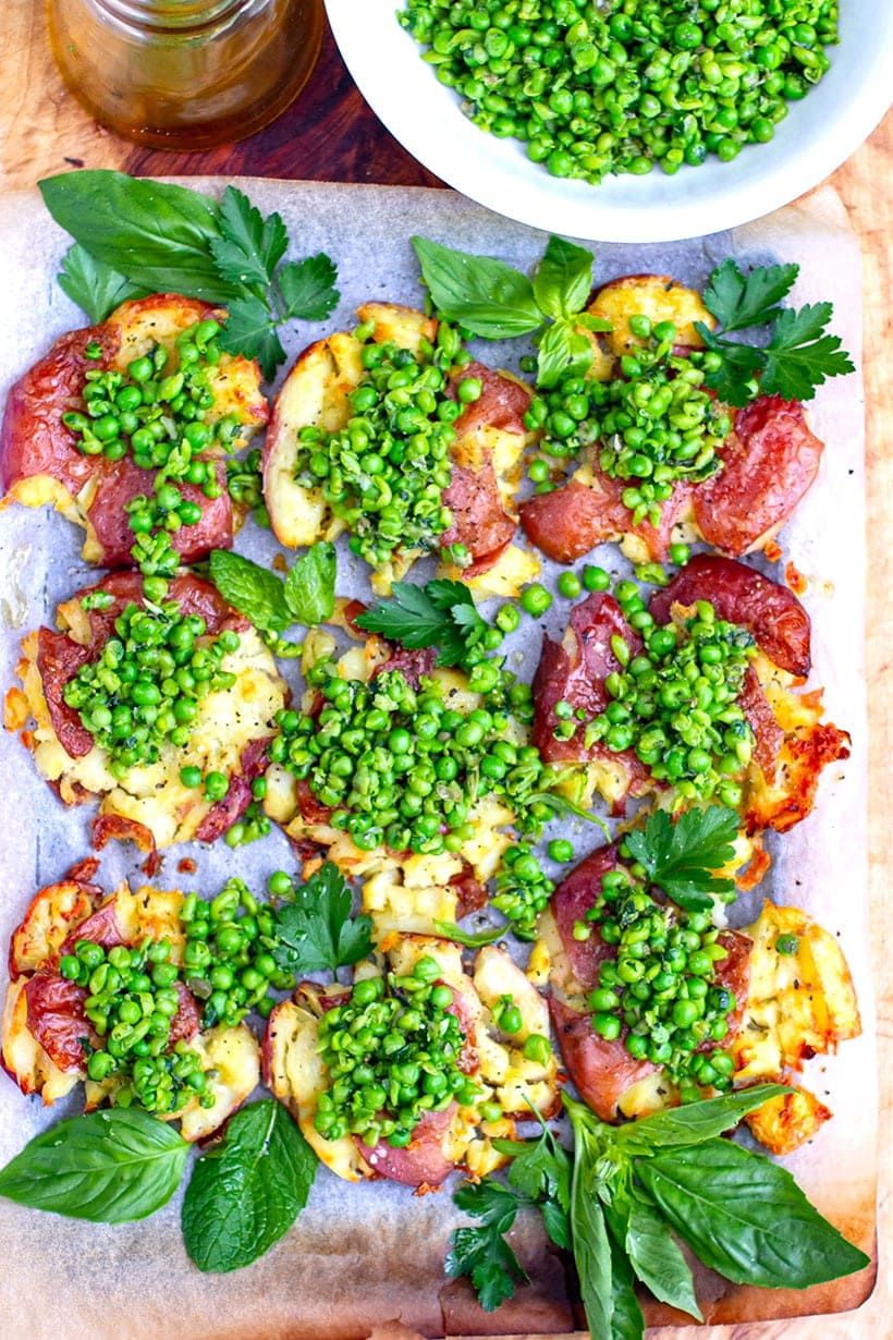 Crispy Smashed Potatoes With Salsa Verde Peas