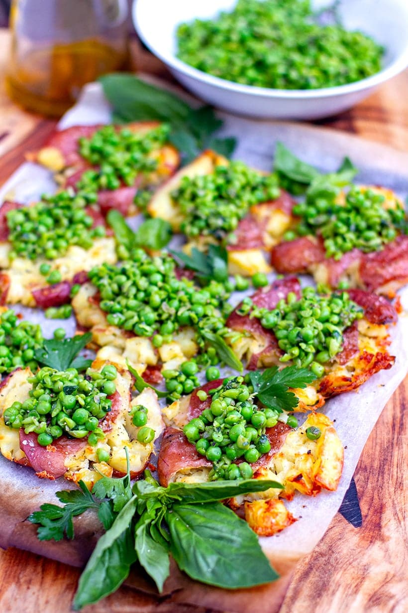 Roasted Crispy Potatoes With Smashed Salsa Verde Peas