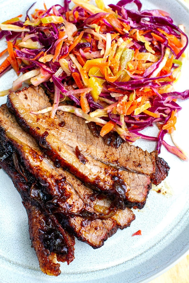 Sliced beef brisket and coleslaw