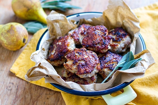 Ground chicken sausage patties with pear and sage