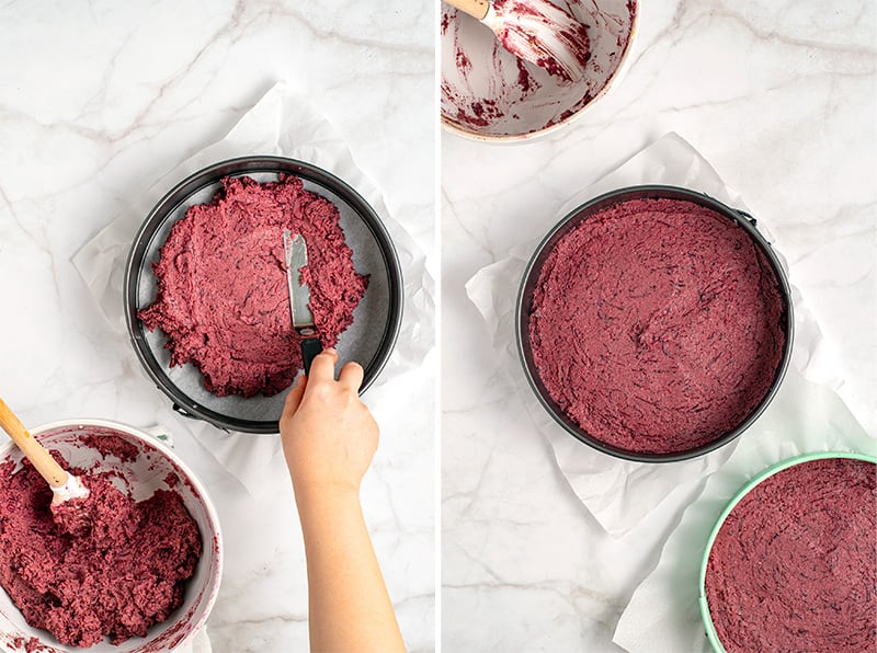 Natural red velvet cake batter going in the oven