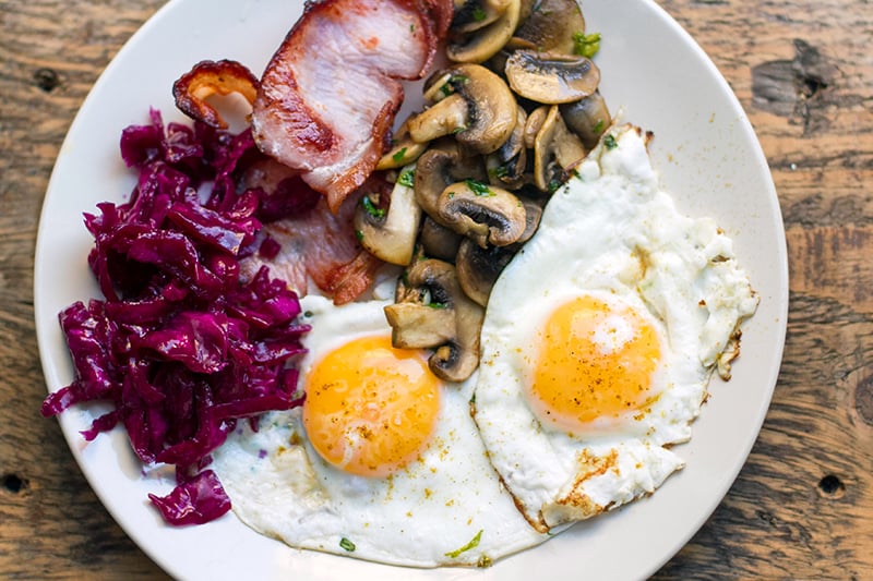 Low-carb breakfast fry up with eggs, mushrooms and bacon