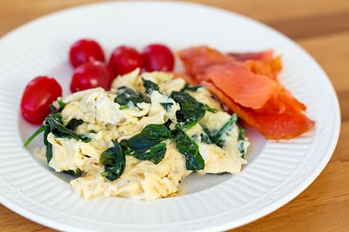 Scrambled eggs with spinach and salmon