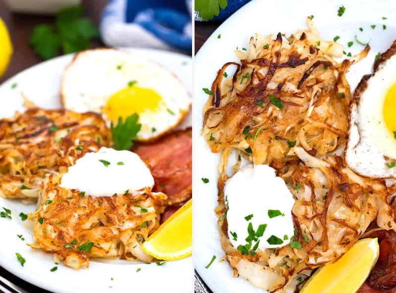 Cabbage hash browns with eggs and bacon