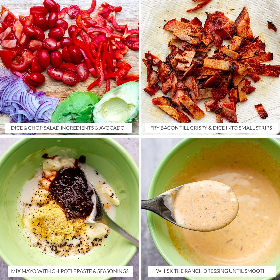 Making chipotle ranch dressing and chopping salad ingredients