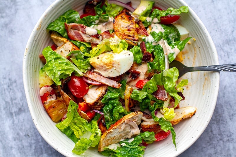 Cobb salad with grilled chicken, pineapple and chipotle ranch dressing