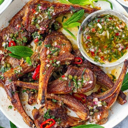 Pan-fried lamb chops with mint vinaigrette