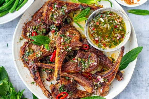 Pan-fried lamb chops with mint vinaigrette