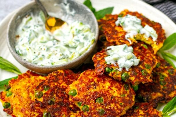 Fritters With Paneer Cheese & Cucumber Mint Raita