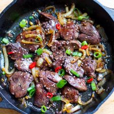 Chicken livers and onions with honey soy sauce