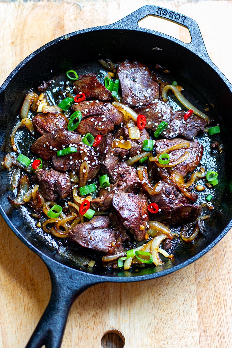 Chicken livers and onions in honey soy garlic sauce