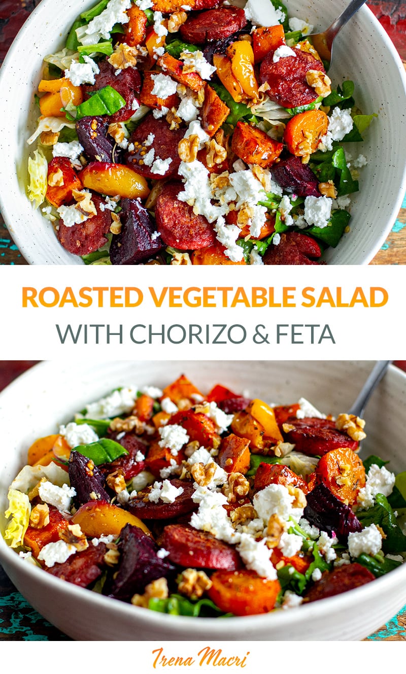Roasted Vegetable Chorizo & Feta Salad With Pomegranate Dressing
