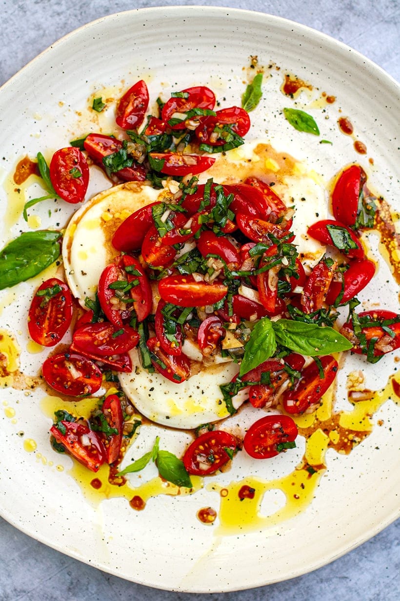 Tomato Mozzarella Salad With Balsamic, Basil, Shallots & Garlic