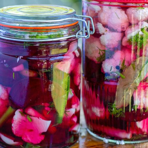 Fermented beets and cauliflower with garlic and dill in a jar