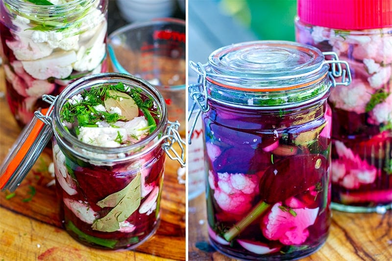 Final step for fermenting cauliflower and beets in jars with salt water brine