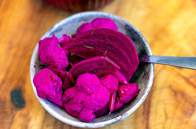 Lacto fermented beets and cauliflower in a bowl