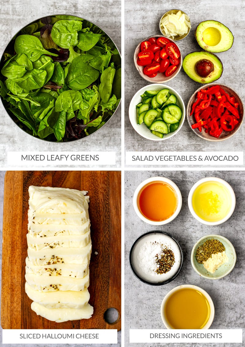 Ingredients for avocado halloumi salad