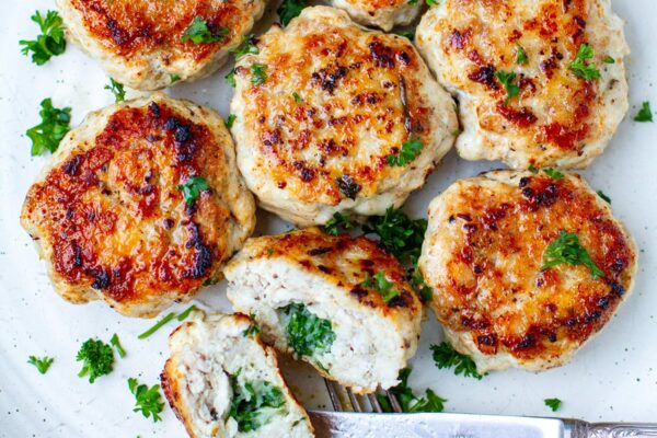 Chicken Kiev patties stuffed with garlic herb butter