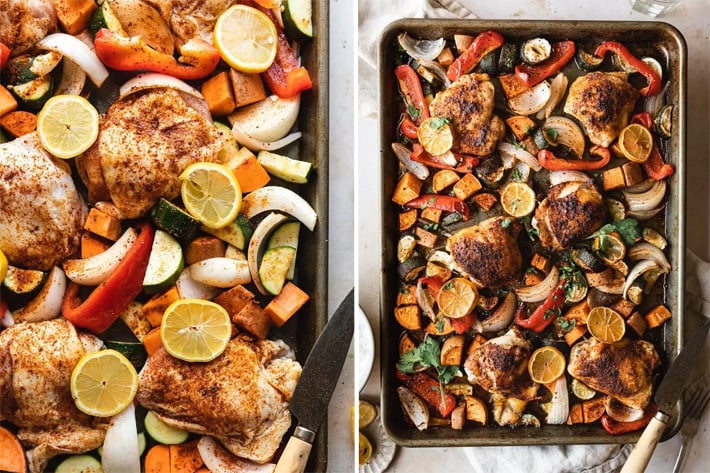Sheet pan chicken dinner with harissa and vegetables