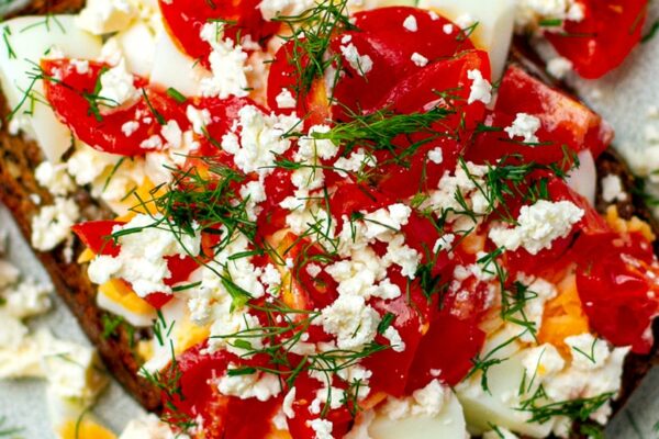 Boiled Jammy Eggs On Toast With Tomatoes, Feta & Dill