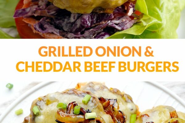 Grilled Onion Cheddar Burger Patties & Red Cabbage Coleslaw