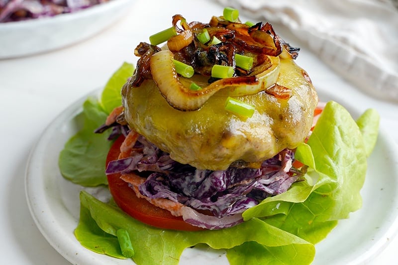 Grilled Onion Cheddar Burgers & Red Cabbage Coleslaw