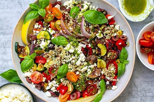 Mediterranean Quinoa Salad With Lemon Basil Dressing