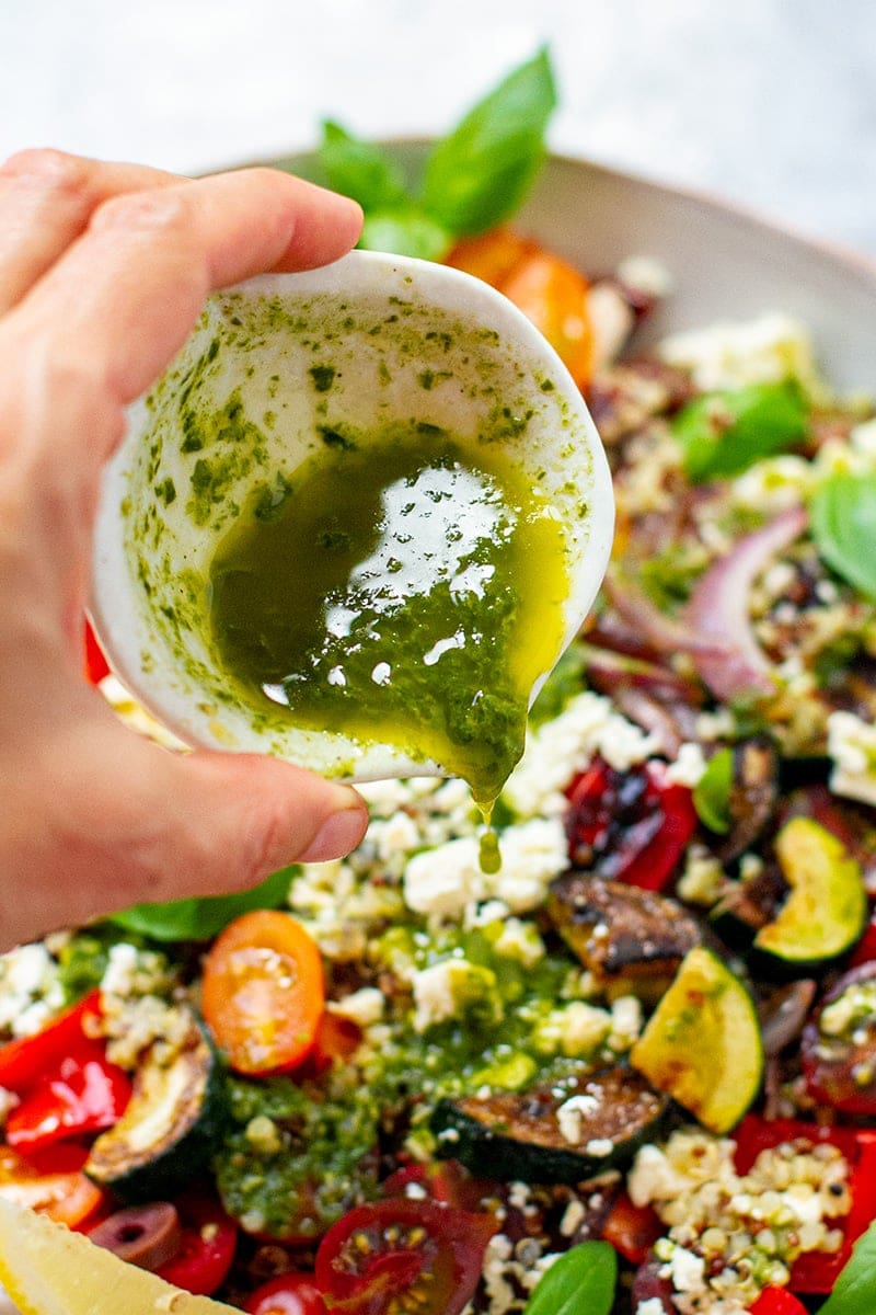 Lemon basil dressing over quinoa salad