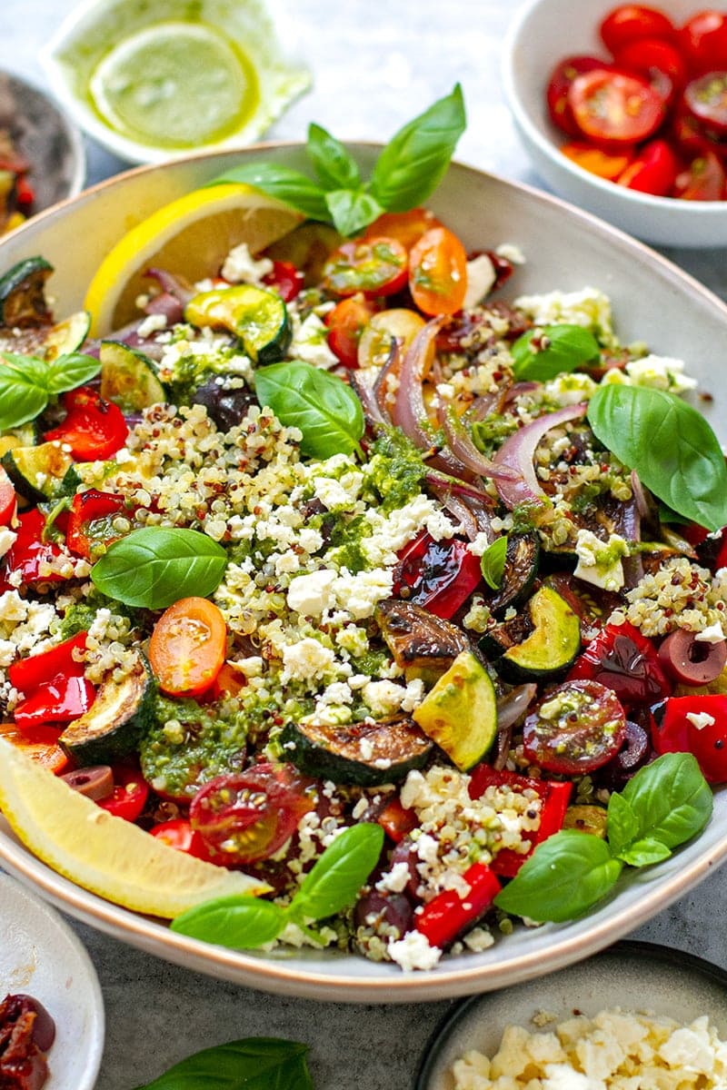 Greek Quinoa Salad With Grilled Vegetables & Lemon Basil Vinaigrette