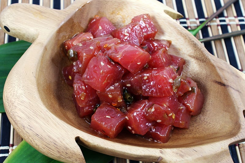 Poke bowl ingredients: ahi tuna marinated