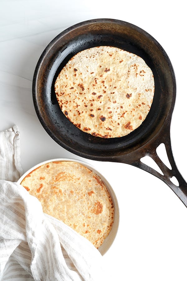 Warming up the tortillas for breakfast tacos