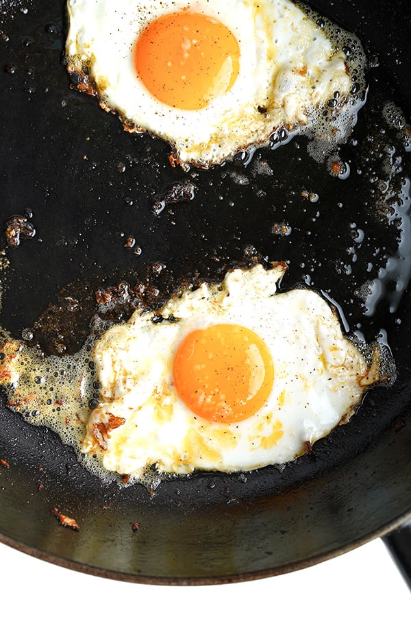 Fried eggs for tacos in a pan
