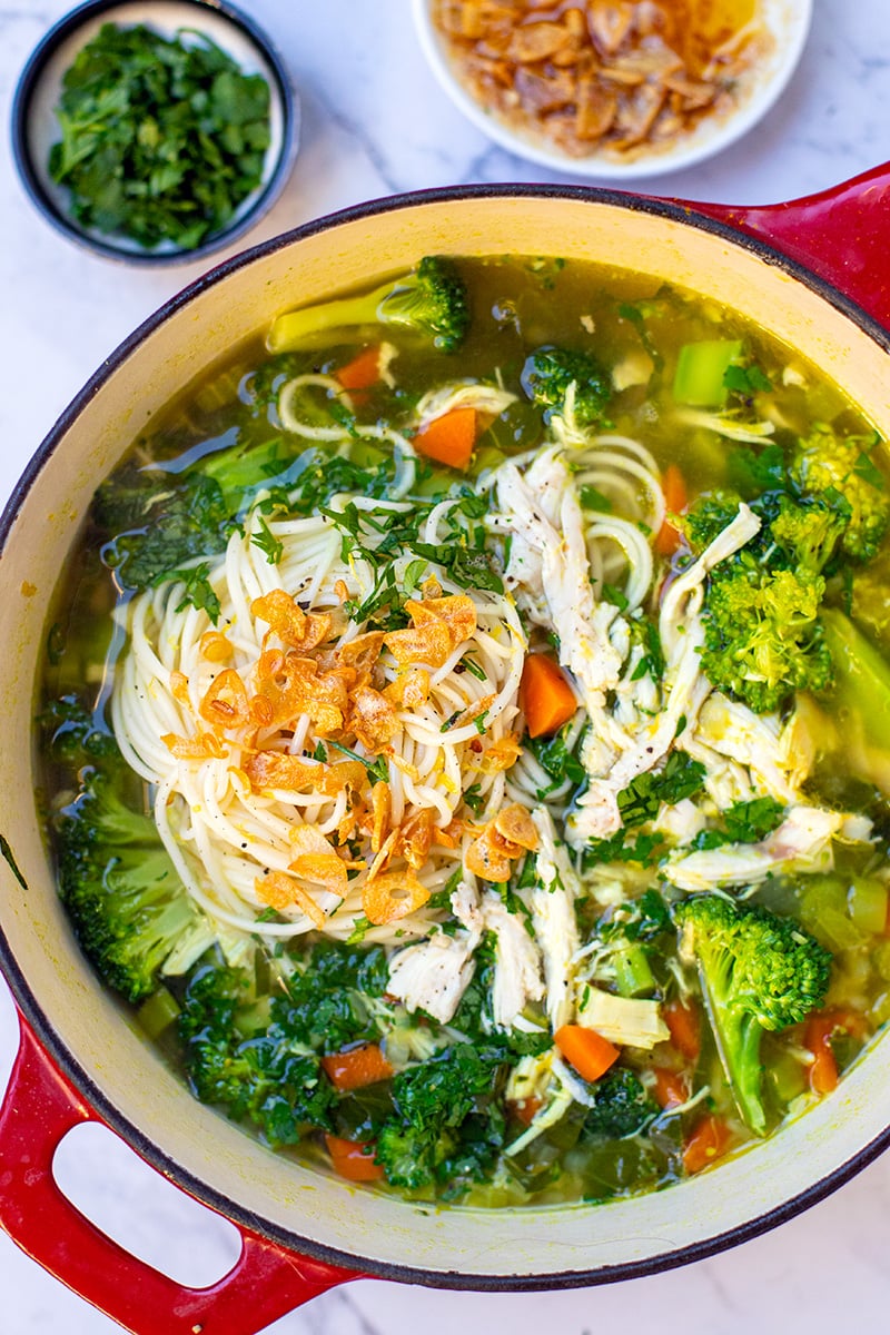 Shredded Chicken Soup With Garlic & Vegetables