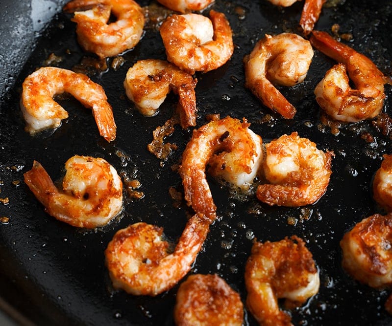 Pan frying the shrimp